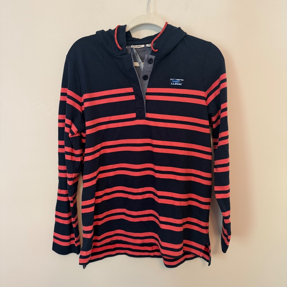 LL Bean womens Soft Cotton Rugby Hoodie Striped Navy Coral Pullover 503604 M NEW